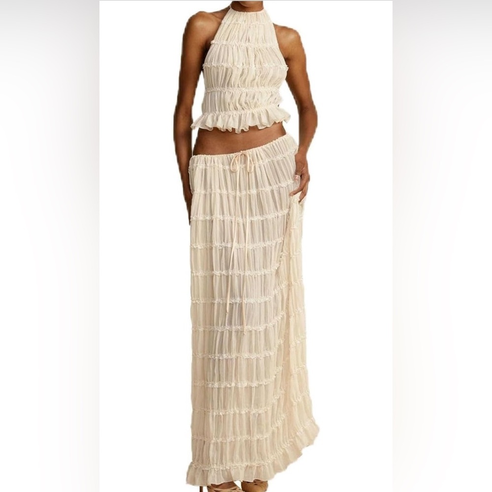 Women's Backless Halter Tank Top and Pleated Retro Chiffon Long Maxi Skirt set
